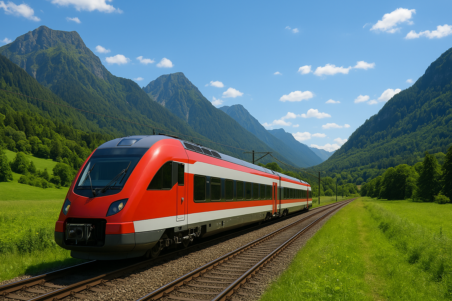 Tren rojo atravesando paisaje montañoso